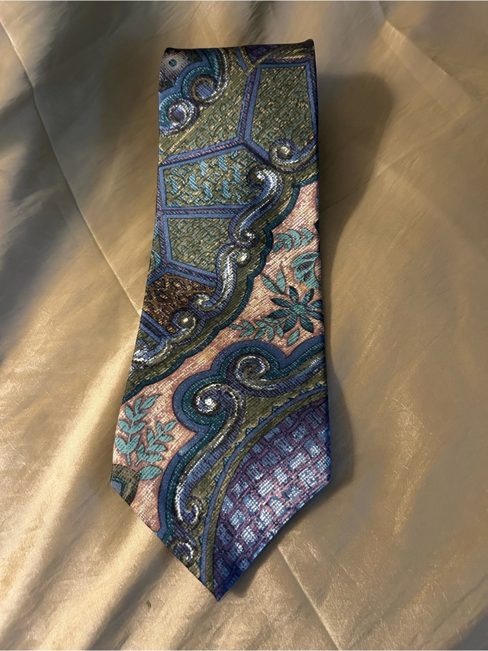 Oscar de la Renta Paisley & Geometric Silk Tie in Teal, Blue, Olive and Pink